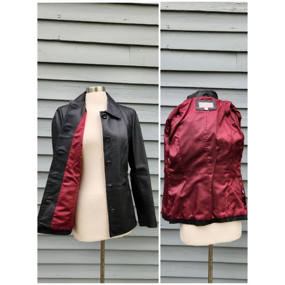 croft & barrow Jackets & Blazers - Vintage 90s y2k Leather Jacket Black Button Front Car Coat Burgundy Lining Small